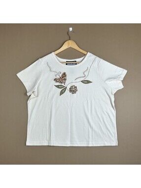 Indigo Moon Ivory Floral Butterfly Embroidered Short Sleeve Top Shirt 1X Casual